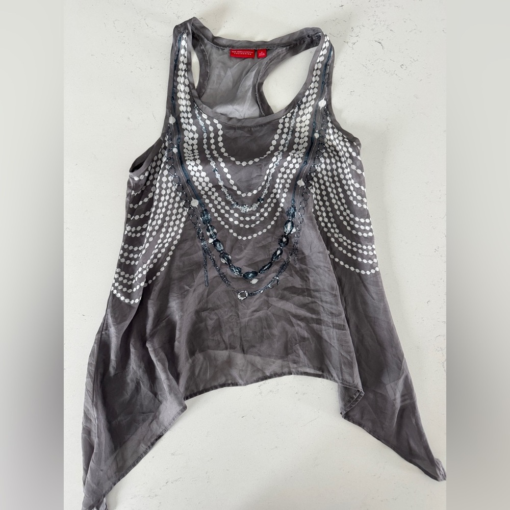 New York & Company Gray Racerback Tank with Beaded Chain Print